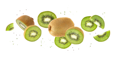 Fresh ripe kiwi green fruit whole and slices with drops falling flying isolated on white background.