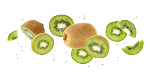 Poster Fresh ripe kiwi green fruit whole and slices with drops falling flying isolated on white background. © BarTa