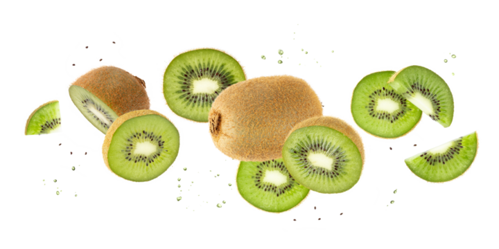 Fresh ripe kiwi green fruit whole and slices with drops falling flying isolated on white background.