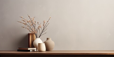 Minimalistic, modern staging showcasing an elegant organic vase, old books, coffee on wooden table, and blank wall.