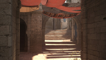 3D Rendered old Moroccan Street with traditional buildings - 3D Illustration