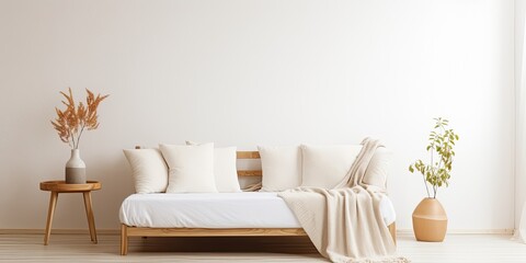 Bright room with white blanket on wooden couch.