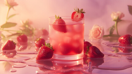 Strawberry Juice, Soda, Mocktail, Cocktail, or Infused Water Concept in a Clear Glass Cup - on a Gentle Pink and Red Background - Fresh Strawberries Placed Around the Glass - obrazy, fototapety, plakaty