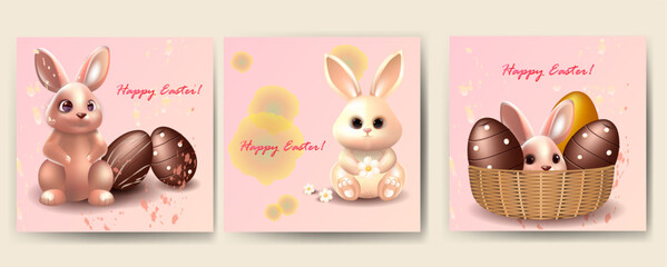 Set of square cards with greetings on Easter. Rabbits, eggs and flowers on a delicate background