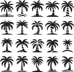 Simple Vector Palm Tree silhouette SVG icons and Beach Logo Designs in black and white and transparent background PNG file with Suns Clouds and Islands in the Ocean