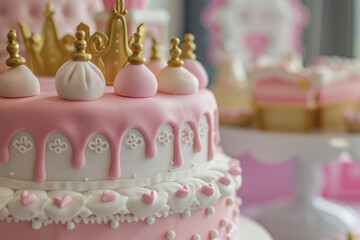 Cute princess themed birthday cake for a little girl with intricate decorations. Generative AI