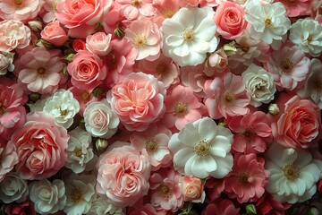 A heap of pink and white flowers stacked on one another