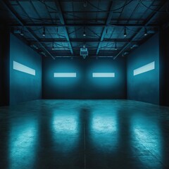 Empty room dark structure with blue neon lights