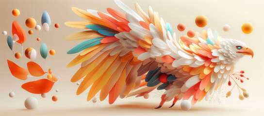 Vibrant digital artwork of an eagle with stylized multicolor feathers and floating orbs. Digital paper sculpture of a bird of prey