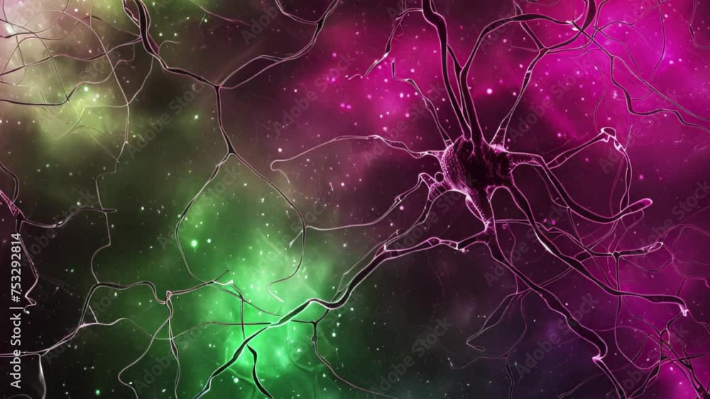 Poster vibrant neuron network with dynamic connections on a galactic backdrop.
