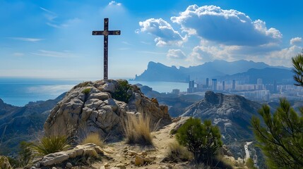 Benidorm Cross La Cruz at the top of Sierra Gelada Natural Park in Benidorm, Alicante province,...