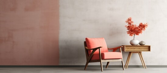 Modern mid century minimalist living room interior with vintage coral armchair and wooden table on concrete floor