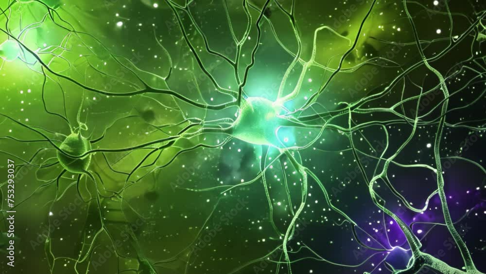 Poster luminous neural pathways with sparkling synapses set against a verdant cosmos.