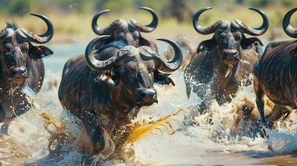 Close up image of a group of african buffalos running through the water in the savanna during a...