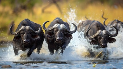 Close up image of a group of african buffalos running through the water in the savanna during a safari
 - Powered by Adobe