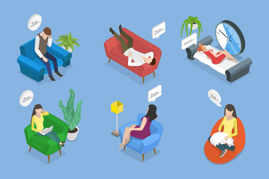3D Isometric Flat Vector Illustration of People Relaxing And Napping, Lazy Characters