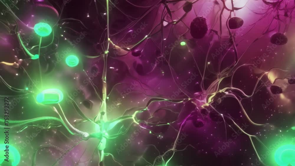 Poster vibrant neuron network with dynamic connections on a galactic backdrop.
