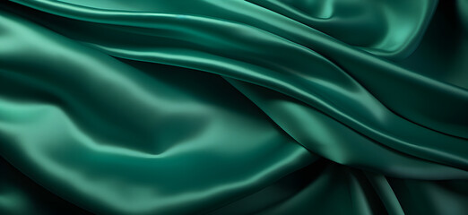 Obraz premium Dark green cyan silk fabric background, view from above. Smooth elegant colorful silk or satin shining luxury cloth texture can use as abstract background banner wallpaper with copy space, close-up