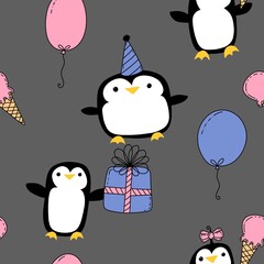 Birthday party animals seamless penguin pattern for wrapping paper and fabrics and kids print and summer print