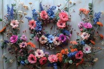Fototapeta na wymiar Two flower wreaths adorn a wooden wall beautifully