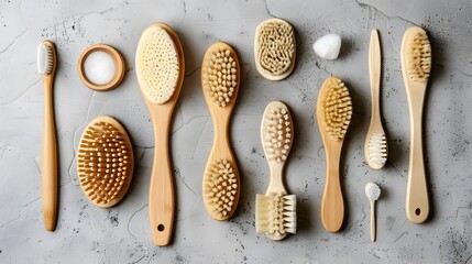 Close-up of wooden dry skin body brushes, bamboo tooth brushes, hair brushes, nail brush, cotton...
