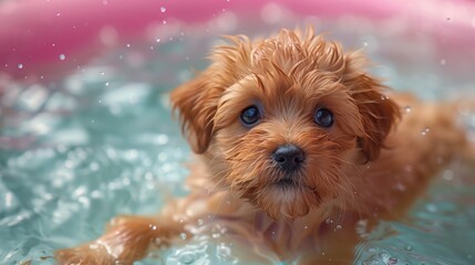 Close-up a cute puppy swimming in the pink water. Generated by artificial intelligence.
