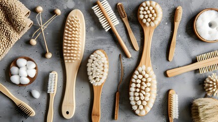Close-up of wooden dry skin body brushes, bamboo tooth brushes, hair brushes, nail brush, cotton swabs and pads on concrete background, top view. Spa at home, flat lay. Zero waste concept. Knolling co