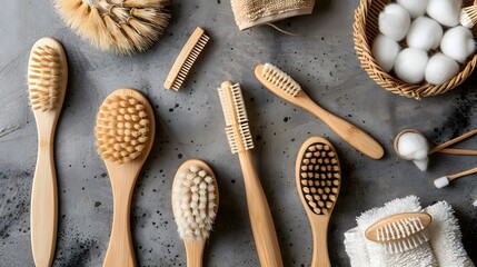 Fototapeta na wymiar Close-up of wooden dry skin body brushes, bamboo tooth brushes, hair brushes, nail brush, cotton swabs and pads on concrete background, top view. Spa at home, flat lay. Zero waste concept. Knolling co