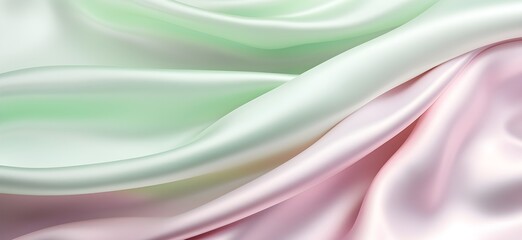 Pastel pink and green silk fabric background, view from above. Smooth elegant colorful silk satin shining luxury cloth texture can use as abstract background banner wallpaper with copy space, close-up