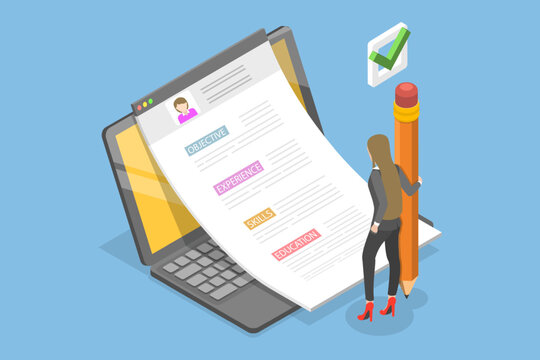 3D Isometric Flat Vector Illustration of Writing a CV For Vacancy Application, Candidate Experience Review