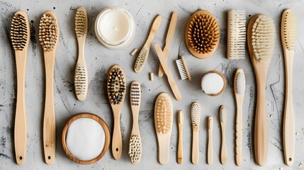 Close-up of wooden dry skin body brushes, bamboo tooth brushes, hair brushes, nail brush, cotton swabs and pads on concrete background, top view. Spa at home, flat lay. Zero waste concept. Knolling co
