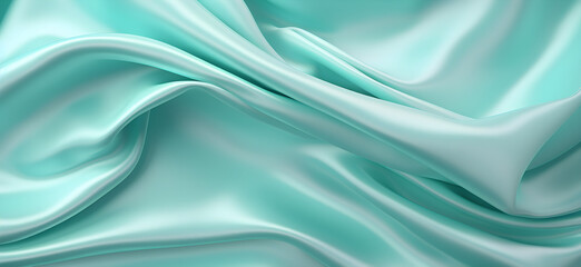 Obraz premium Pastel green cyan silk fabric background, view from above. Smooth elegant colorful silk or satin shining luxury cloth texture can use as abstract background banner wallpaper with copy space, close-up