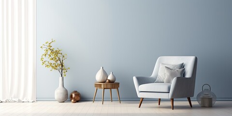 Minimalistic white, grey, and blue living space adorned with Scandinavian style seating and a plush armchair.