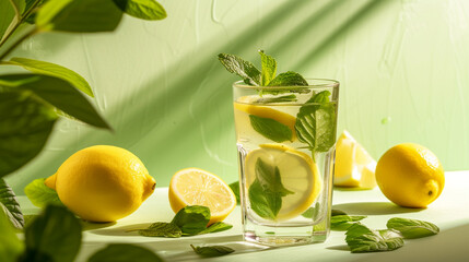 Refreshing Mint Lemonade Mockup - Mint-Infused in a Classic Glass Cup Set Against a Neutral Yellow and Green Background - With Fresh Mint Leaves and Lemon Fruit Wedges