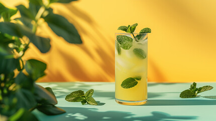Refreshing Mint Lemonade Mockup - Mint-Infused in a Classic Glass Cup Set Against a Neutral Yellow and Green Background - With Fresh Mint Leaves and Lemon Fruit Wedges