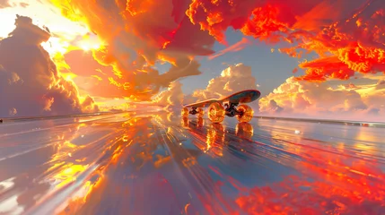 Fotobehang Golden skateboard on shiny background, clouds as background © Sunny 5