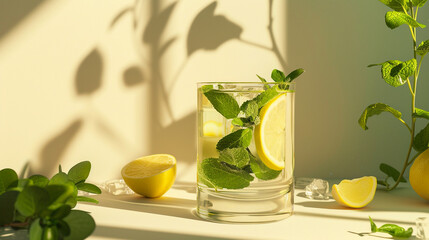 Refreshing Mint Lemonade Mockup - Mint-Infused in a Classic Glass Cup Set Against a Neutral Yellow...