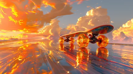 Fotobehang Golden skateboard on shiny background, clouds as background © Sunny 5