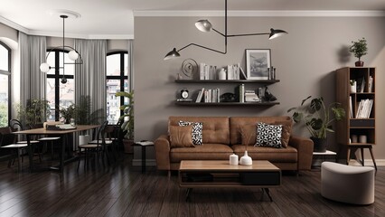 Living room combined with dining room, designed in vintage style. Contemporary furniture was matched with retro elements, creating a cohesive composition with a timeless character. 3D illustration.