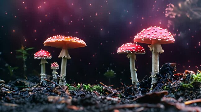 in the scene are mushrooms of different colors and specific appearance, rare species, moving in the scene