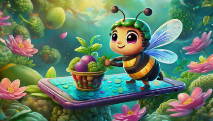 character cute bee planting cell phone