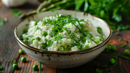 Spring vegetable risotto with peas, asparagus, and fresh chives