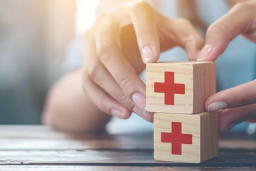 Health insurance concept. people hands putting plus symbol and healthcare medical wooden cube block with icon, health and access to welfare health. - obrazy, fototapety, plakaty