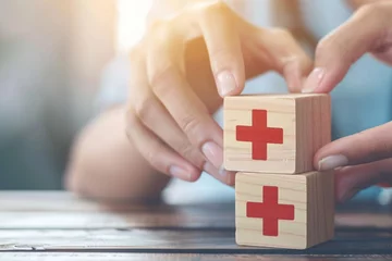 Foto op Aluminium Health insurance concept. people hands putting plus symbol and healthcare medical wooden cube block with icon, health and access to welfare health. © Haseeb