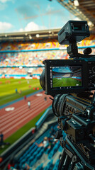 television camera recording and broadcasting the Paris 2024 Olympic Games, providing journalism...