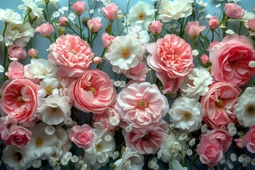 Hybrid tea roses in pink and white on blue, a beautiful flowering plant display