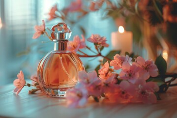 Obraz na płótnie Canvas Bottle of Perfume Next to Flowers