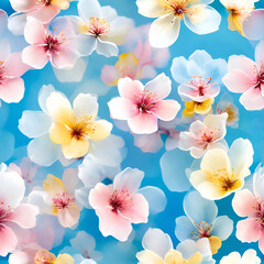 seamless pattern with pink flowers on blue background