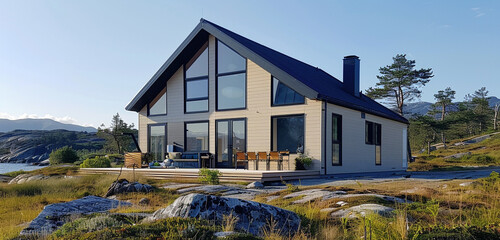 A sleek Scandinavian contemporary house with a gable roof and oversized windows, its facade a light beige, offering a stark contrast to the surrounding wild, natural landscape