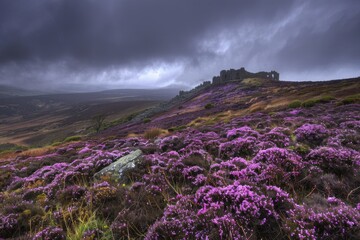 Fototapeta na wymiar Moorland or Moor, Wuthering Heights, Heather Fields and Hills, Castle on Mountains, Copy Space